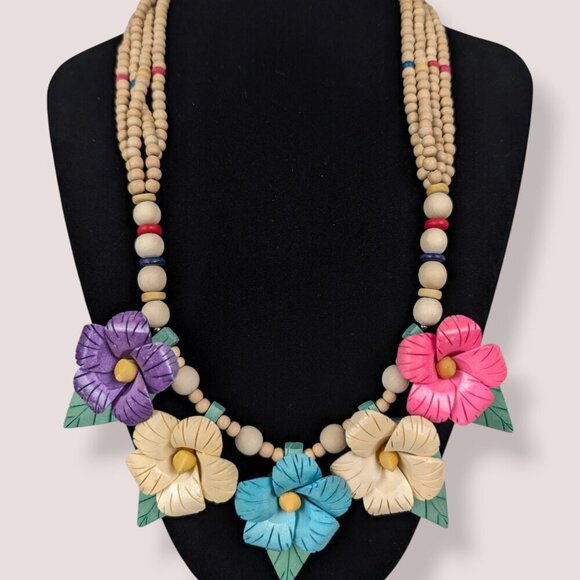 V. Wood Beaded Floral Necklace - Picture 2 of 6
